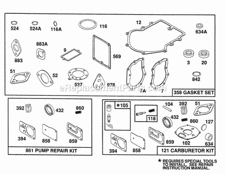 Gasket Sets Diagram and Parts List for  Briggs and Stratton Engine